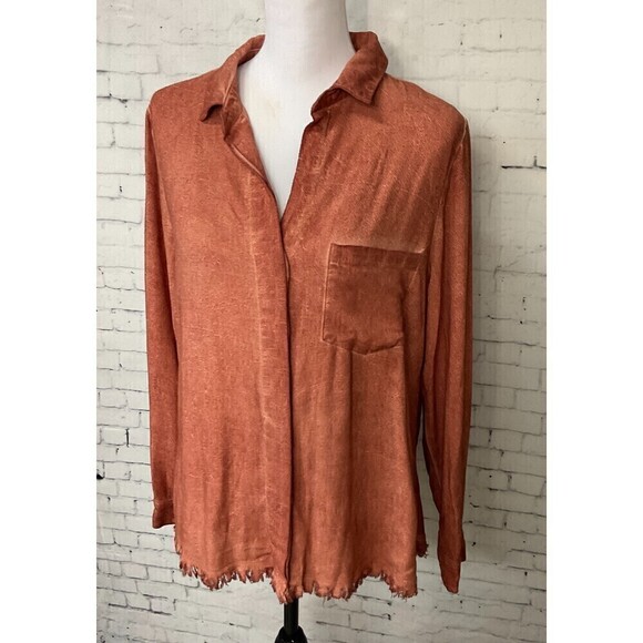 Umgee Women Rust Linen Blend Sz S Top Button Up Long Sleeve Blouse Fray Hem R1 - Picture 3 of 12